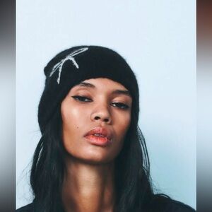 Zara Black Knit Hat with White Bow Design - Size Medium -NWT